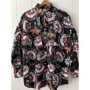 Western Pearl Snap Shirt Native  American Warriors Storm Flap Bull Riding Cowboy